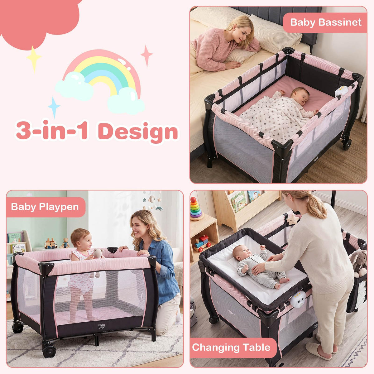 3 in 1 Pack and Play Portable Baby Playard with Bassinet T25956