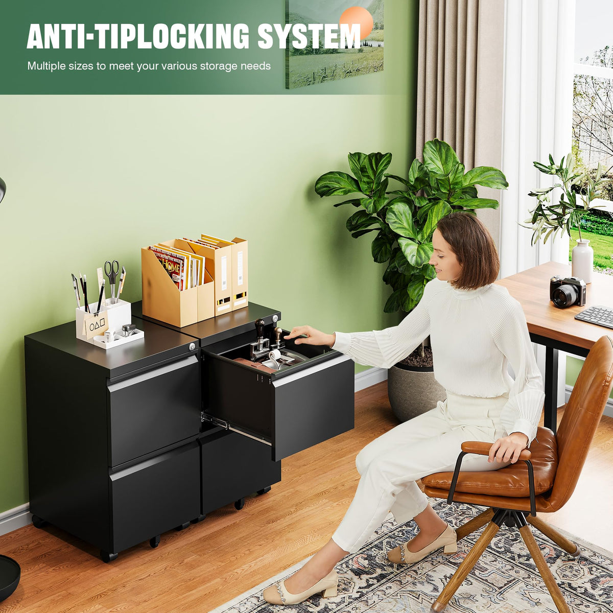 2 Drawer Black Metal Mobile File Cabinet with Lock B213347