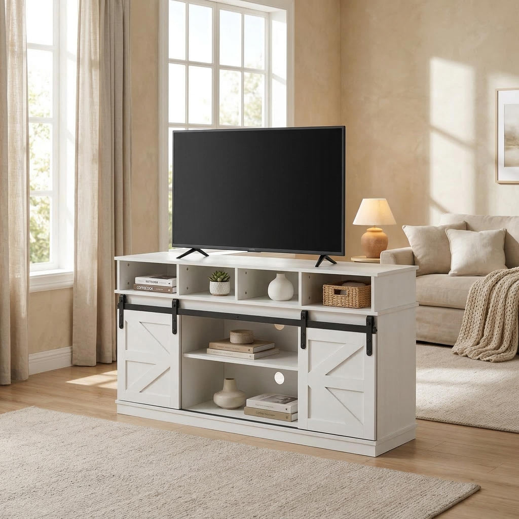 White 58 Inch Farmhouse TV Stand with Sliding Barn Doors G659