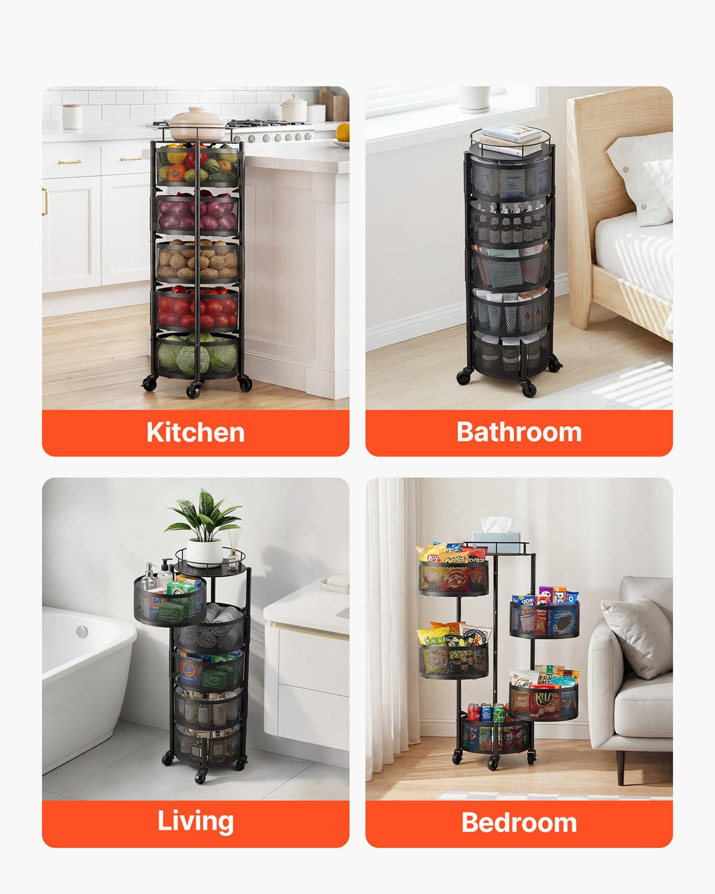 5 Tier Rotating Storage Rack Cart on Wheels, Black I339531