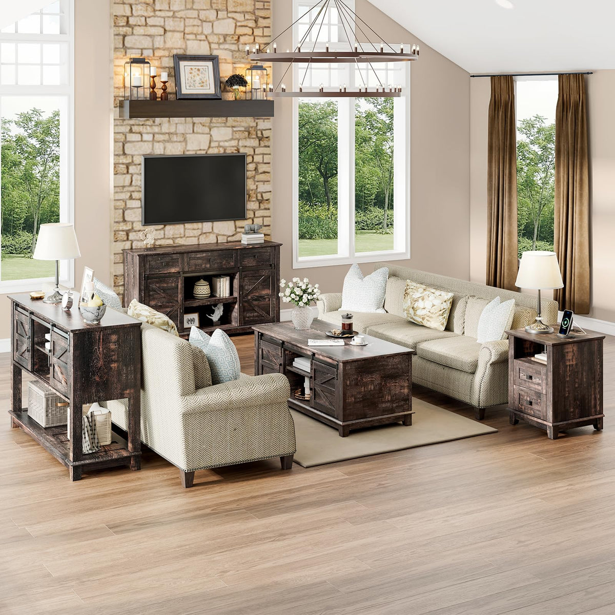 4 Piece Farmhouse Living Room Table Set with TV Stand Coffee Table and End Tables E34314