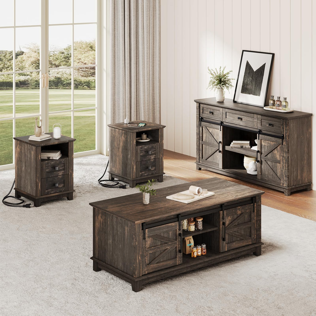 4 Piece Farmhouse Living Room Table Set with TV Stand Coffee Table and End Tables E34314