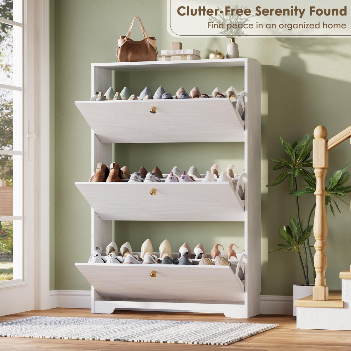 White 3 Flip Drawers Narrow Shoe Storage Cabinet G4788