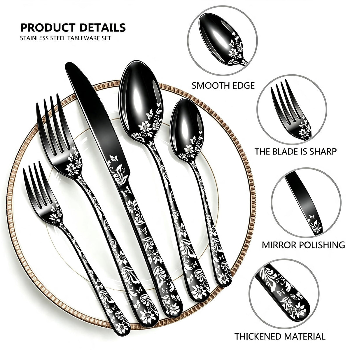 60 Piece White Floral Pattern Stainless Steel Silverware Set X63572