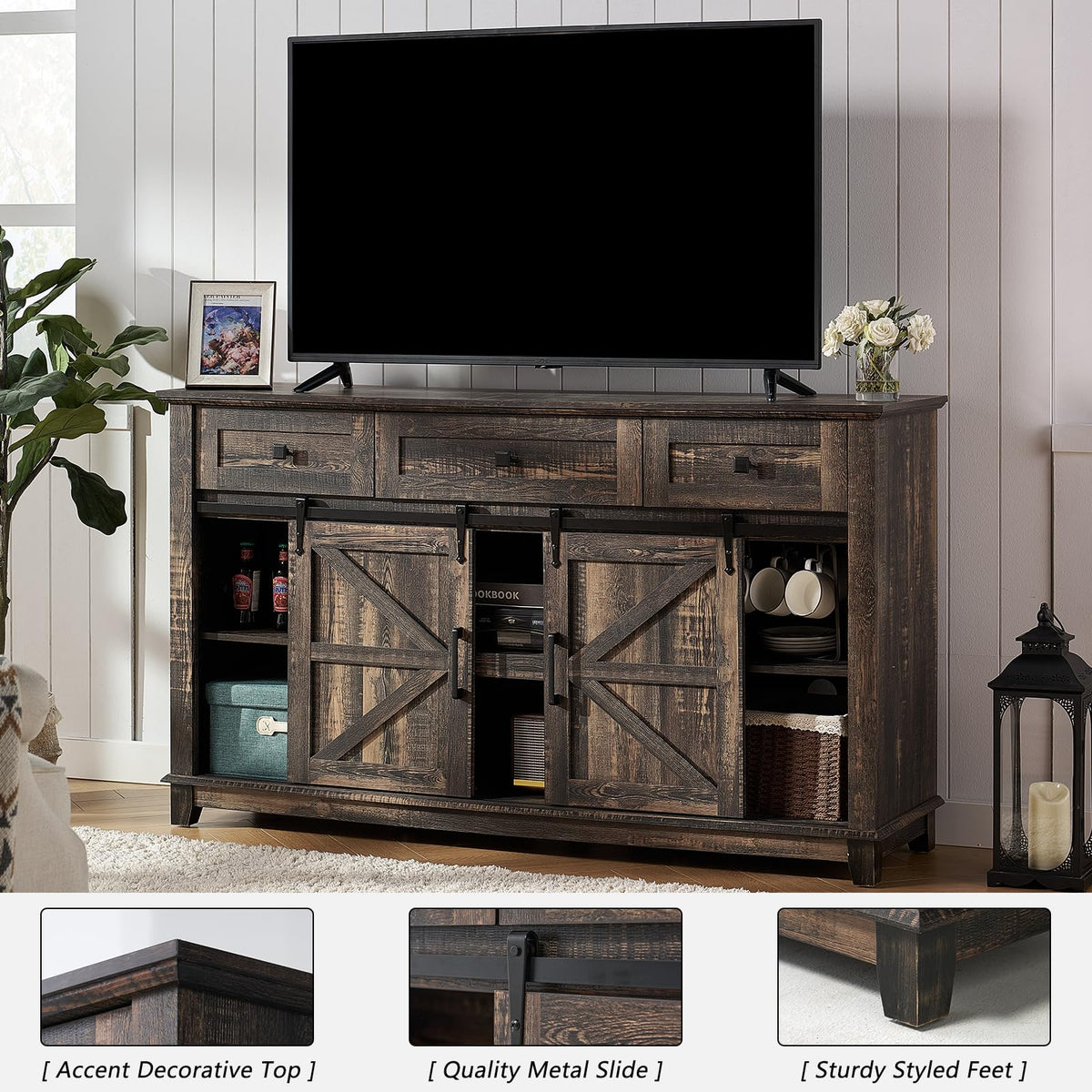 4 Piece Farmhouse Living Room Table Set with TV Stand Coffee Table and End Tables E34314