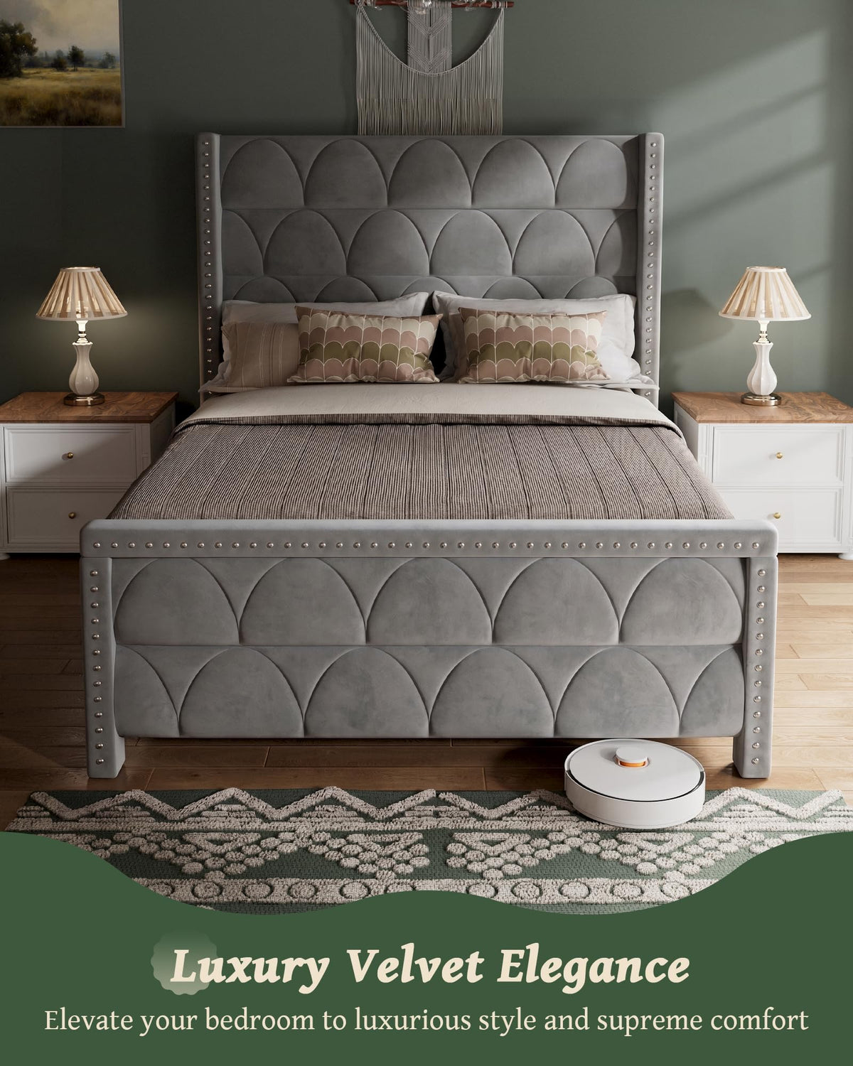 Queen Size Velvet Upholstered Platform Bed Frame R344