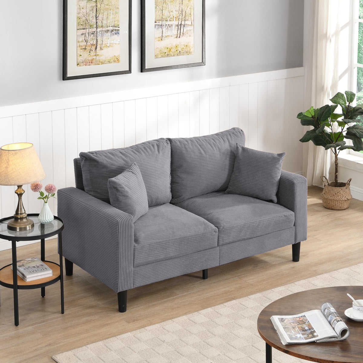 Oversized Corduroy Sofa with 2 Throw Pillows B4550