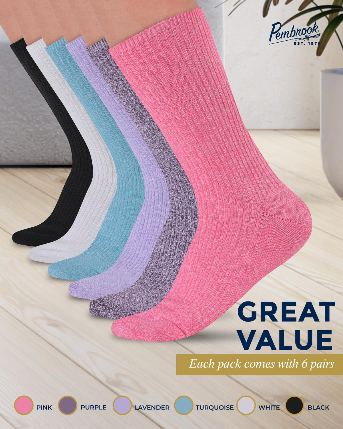 Ribbed Knit Bamboo Viscose Diabetic Socks for Women 6 Pairs J115