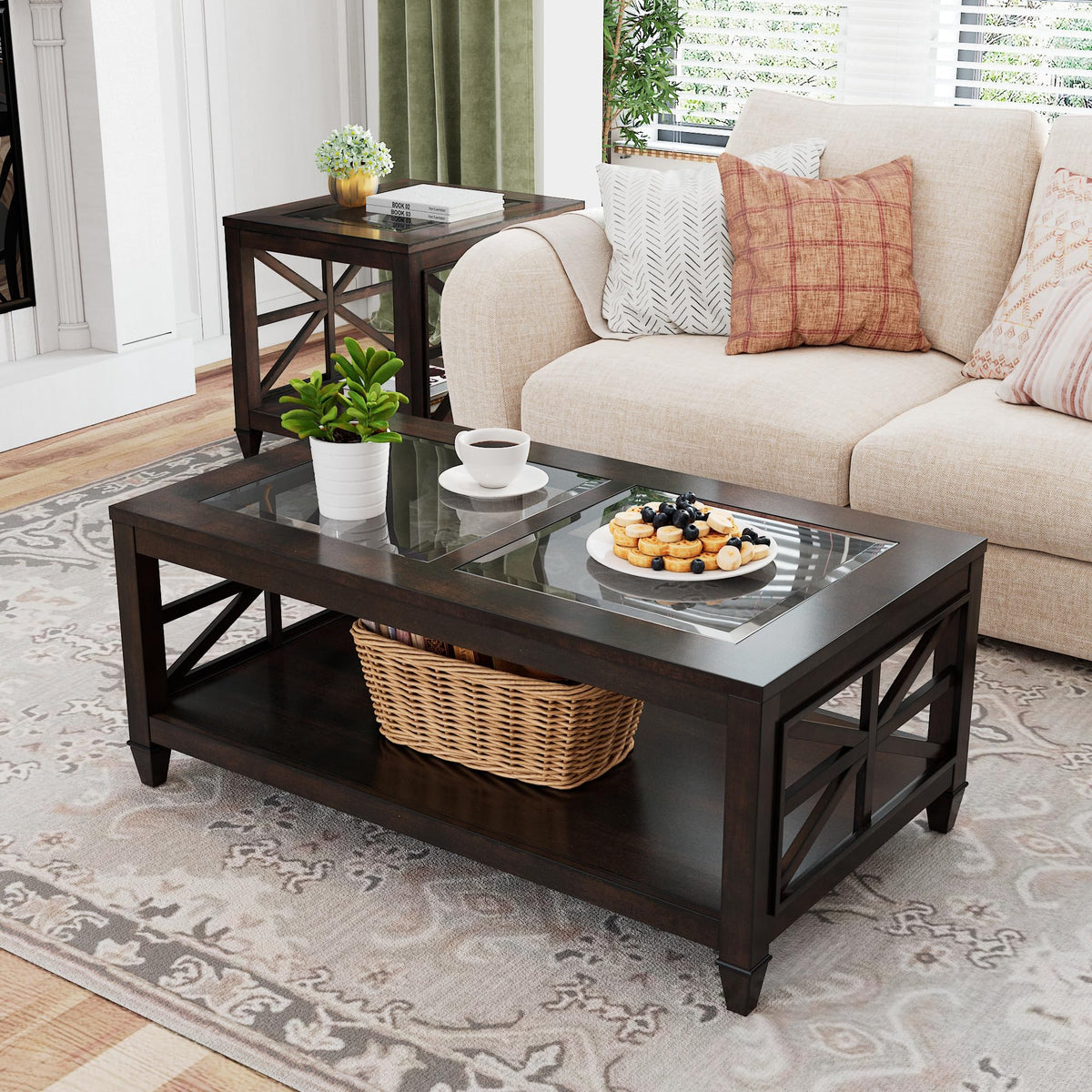 45.5"W Solid Wood Glass Coffee Table A3348