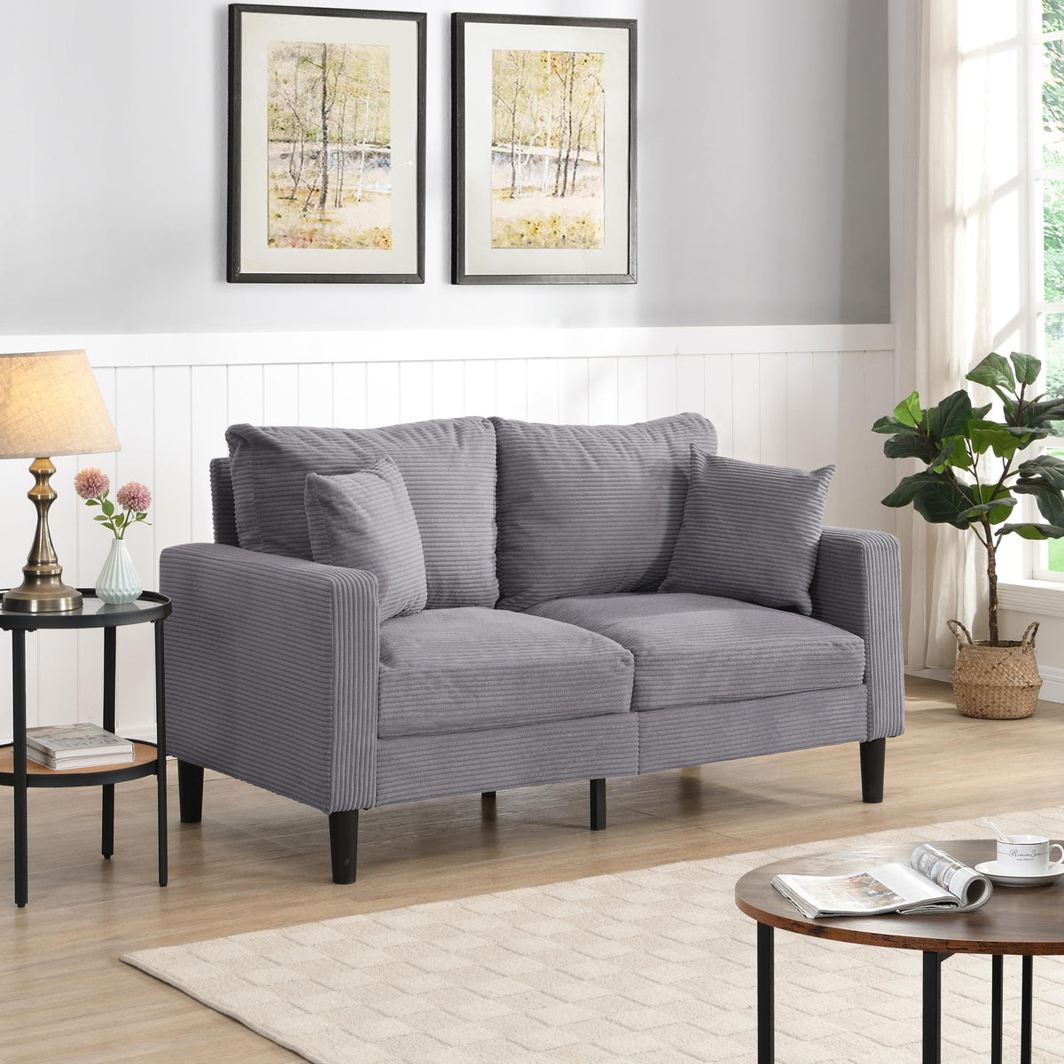 Oversized Corduroy Sofa with 2 Throw Pillows B4550