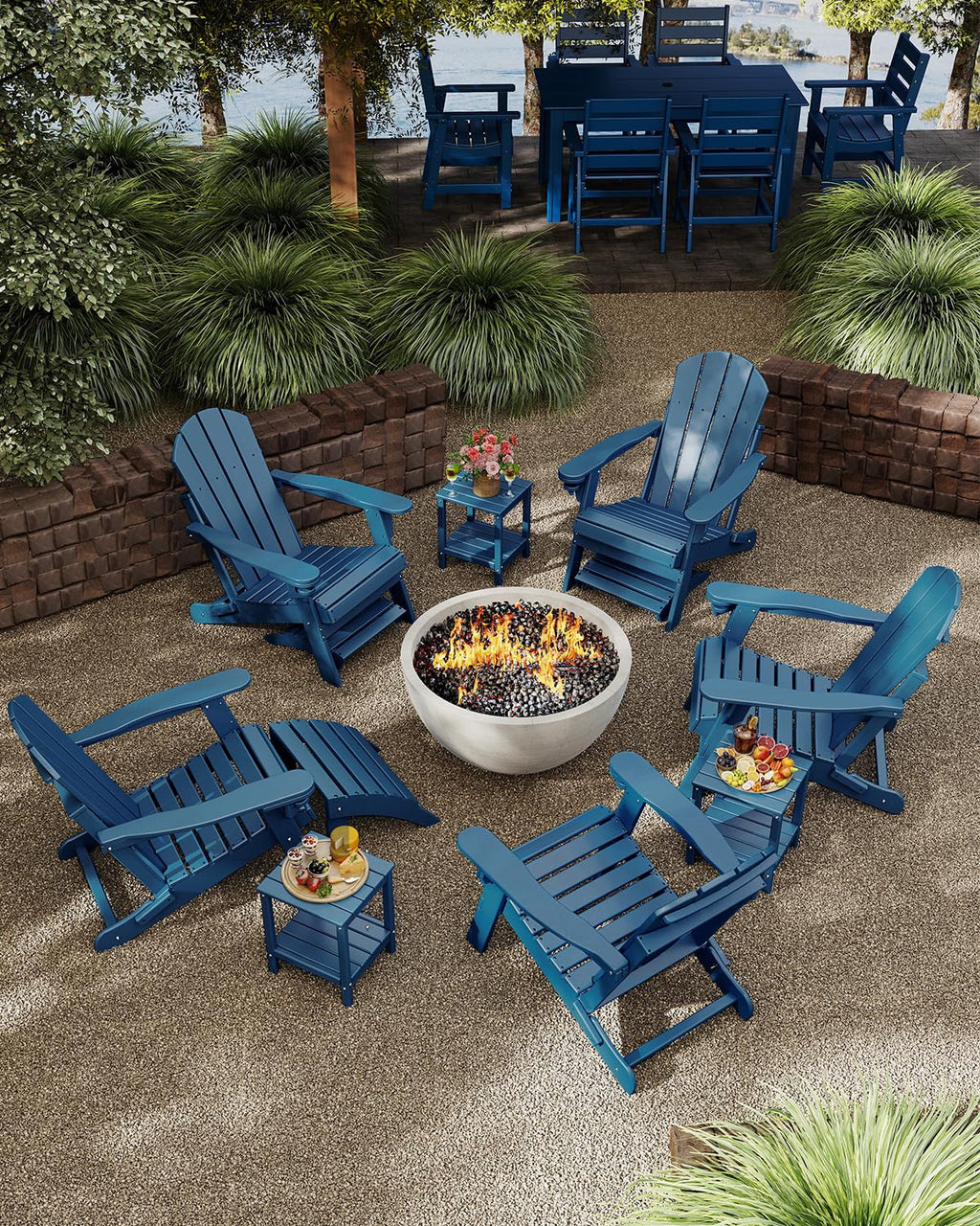 Blue 3-Piece Folding Adirondack Chair Set with Side Table HDPE T880