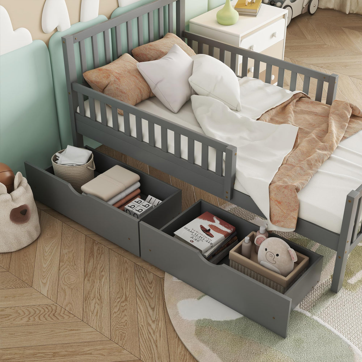 Gray Twin Size Wood Bed Frame with Storage Drawers R424316